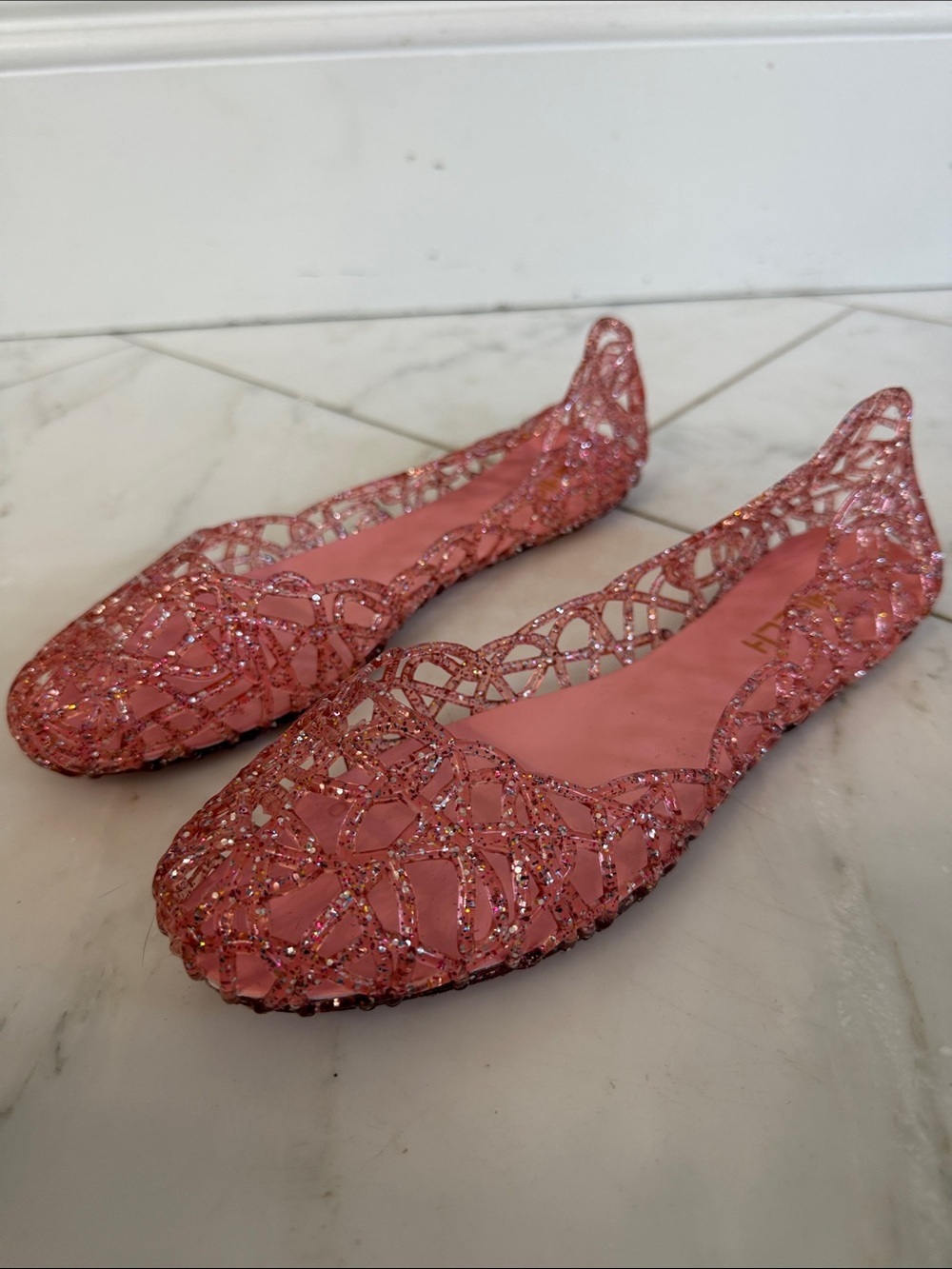 SHKICH Women’s pink glitter round toe open weave plastic 90s 80s jellies flats